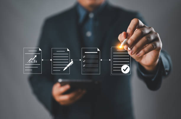 Process to Quality Assurance and Document Control Workflow. Businessman interacts with digital workflow, displaying process from document creation to quality assurance and final approval. QC, QA, ISO,